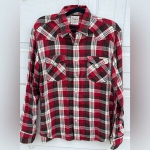 VTG Lucky Brand Western Shirt Mens XL Red Plaid Pearl Snap Dungarees  M